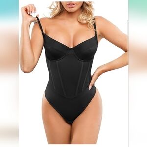 Popilush Shapewear Black V-Neck Corset Bodysuit With Tummy Control Size Small